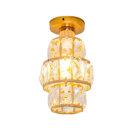 Single Beveled Crystal Inlaid Flush Light Traditional Gold Cylindrical Foyer Semi Flush Mounted Lamp Clearhalo 'Ceiling Lights' 'Close To Ceiling Lights' 'Close to ceiling' 'Semi-flushmount' Lighting' 1173674