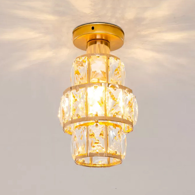Single Beveled Crystal Inlaid Flush Light Traditional Gold Cylindrical Foyer Semi Flush Mounted Lamp Clearhalo 'Ceiling Lights' 'Close To Ceiling Lights' 'Close to ceiling' 'Semi-flushmount' Lighting' 1173675