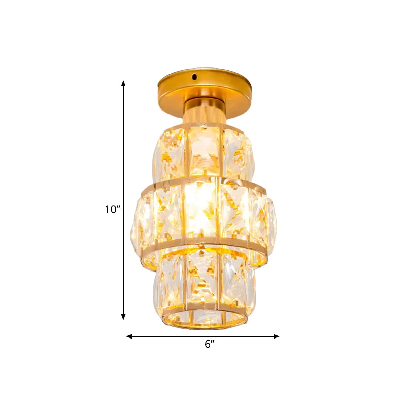 Single Beveled Crystal Inlaid Flush Light Traditional Gold Cylindrical Foyer Semi Flush Mounted Lamp Clearhalo 'Ceiling Lights' 'Close To Ceiling Lights' 'Close to ceiling' 'Semi-flushmount' Lighting' 1173676