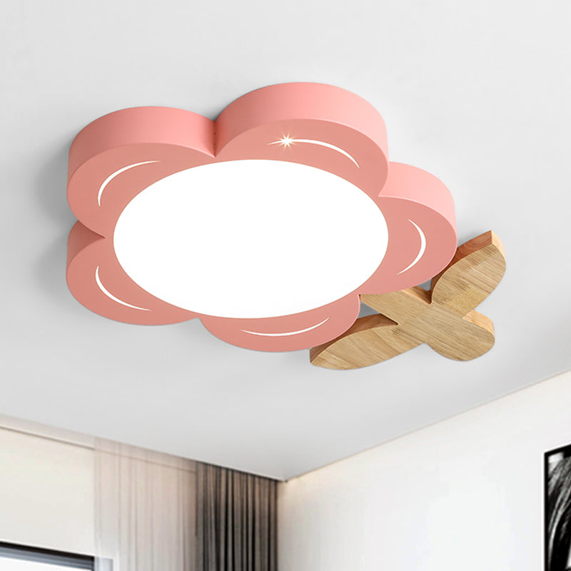 Kids Floral Ceiling Lighting Acrylic LED Nursery Flush Mount Light Fixture in Red with Wood Decor - Red - Clearhalo - 'Ceiling Lights' - 'Close To Ceiling Lights' - 'Close to ceiling' - 'Flush mount' - Lighting' - 1173751