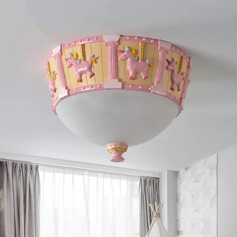 Resin Dome Flush Mount Light Kids Pink/Green LED Flushmount with Carousel Pattern in White/Warm Light Clearhalo 'Ceiling Lights' 'Close To Ceiling Lights' 'Close to ceiling' 'Flush mount' Lighting' 1174163