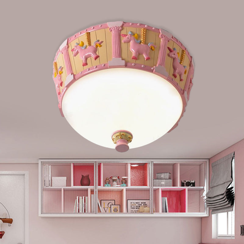 Resin Dome Flush Mount Light Kids Pink/Green LED Flushmount with Carousel Pattern in White/Warm Light Clearhalo 'Ceiling Lights' 'Close To Ceiling Lights' 'Close to ceiling' 'Flush mount' Lighting' 1174164