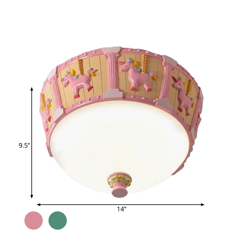 Resin Dome Flush Mount Light Kids Pink/Green LED Flushmount with Carousel Pattern in White/Warm Light Clearhalo 'Ceiling Lights' 'Close To Ceiling Lights' 'Close to ceiling' 'Flush mount' Lighting' 1174166