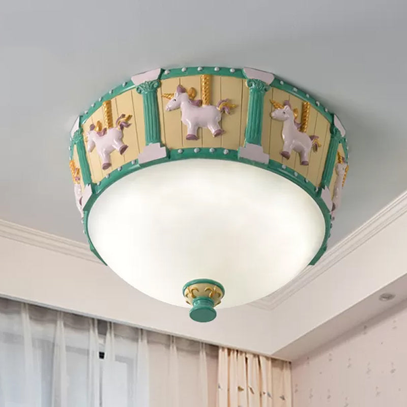 Resin Dome Flush Mount Light Kids Pink/Green LED Flushmount with Carousel Pattern in White/Warm Light Green Clearhalo 'Ceiling Lights' 'Close To Ceiling Lights' 'Close to ceiling' 'Flush mount' Lighting' 1174167