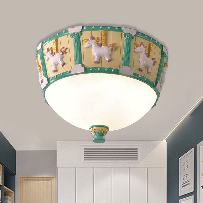 Resin Dome Flush Mount Light Kids Pink/Green LED Flushmount with Carousel Pattern in White/Warm Light Clearhalo 'Ceiling Lights' 'Close To Ceiling Lights' 'Close to ceiling' 'Flush mount' Lighting' 1174168