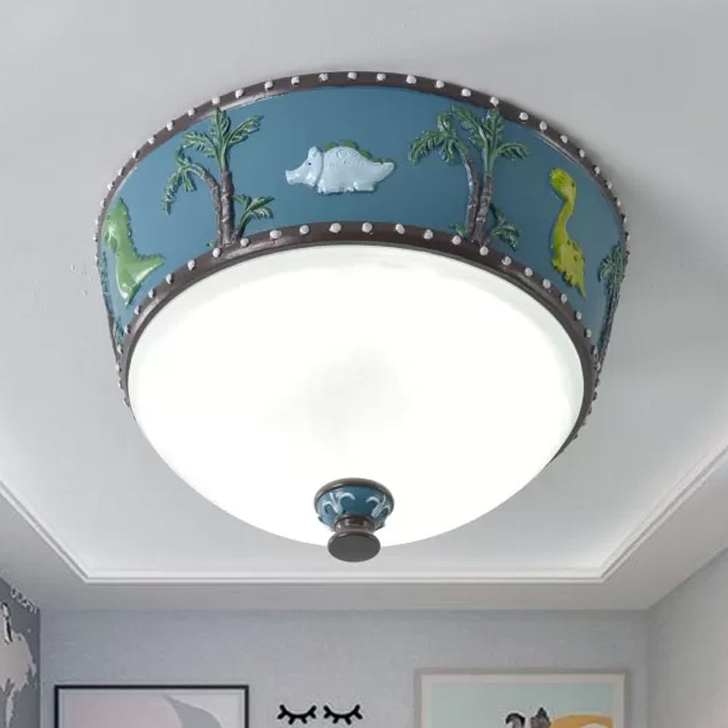 Bowl Opal Glass Ceiling Lamp Kids Blue/Yellow LED Flush Mount with Dinosaur and Tree Pattern in White/Warm Light