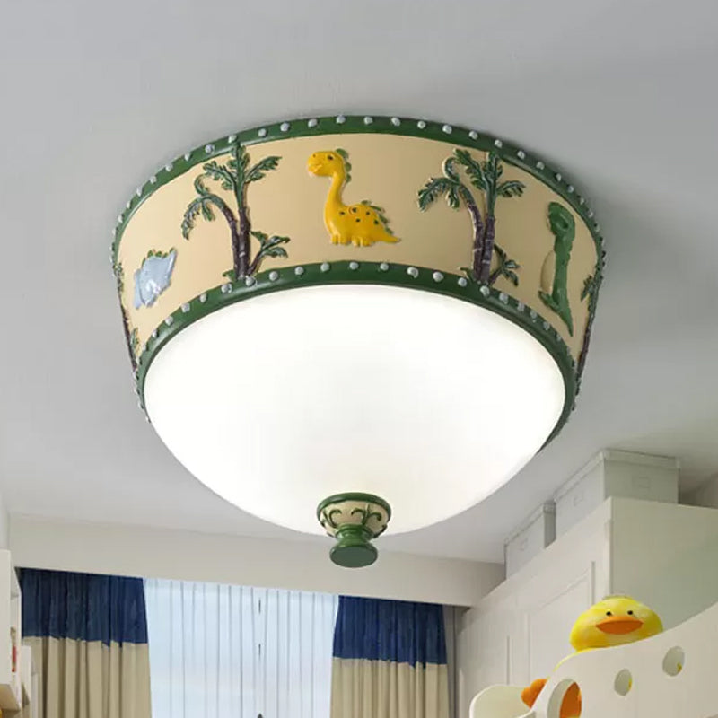 Bowl Opal Glass Ceiling Lamp Kids Blue/Yellow LED Flush Mount with Dinosaur and Tree Pattern in White/Warm Light