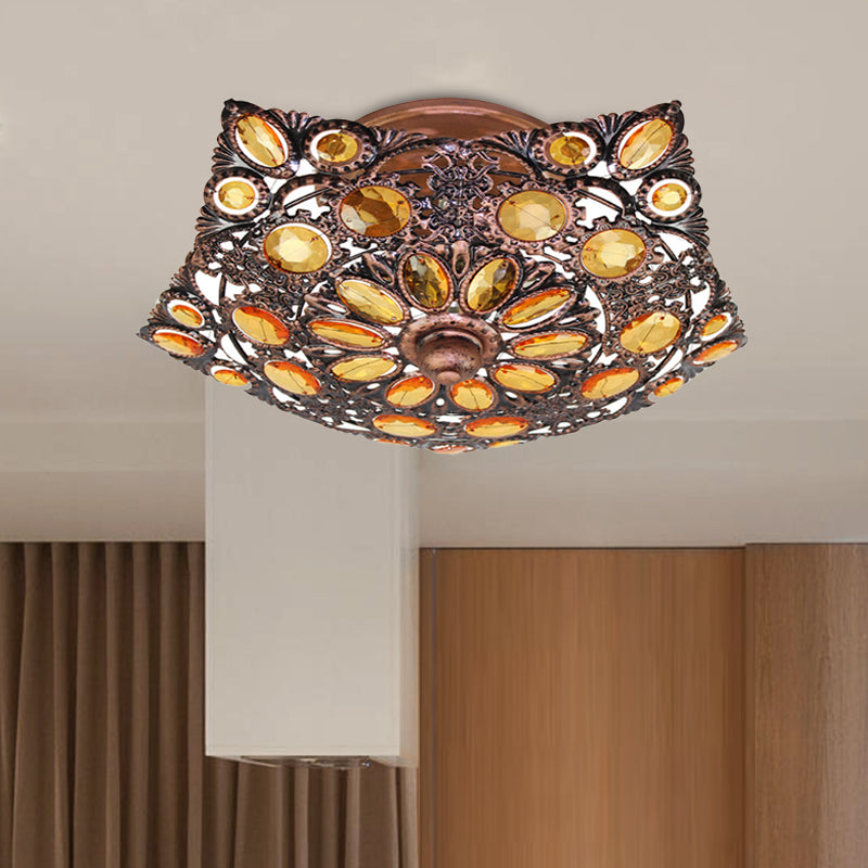 Metal Shade Brass Flushmount Lighting Hollow 3 Heads Bohemian Ceiling Mount for Hotel - Clearhalo - 'Ceiling Lights' - 'Close To Ceiling Lights' - 'Close to ceiling' - 'Flush mount' - Lighting' - 1174227