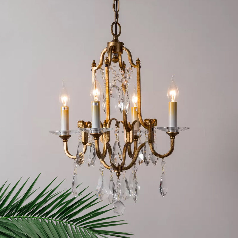 Antiqued Brass 4-Light Hanging Chandelier Rustic Crystal Candlestick Ceiling Pendant Lamp Clearhalo 'Ceiling Lights' 'Chandeliers' Lighting' options 1174361