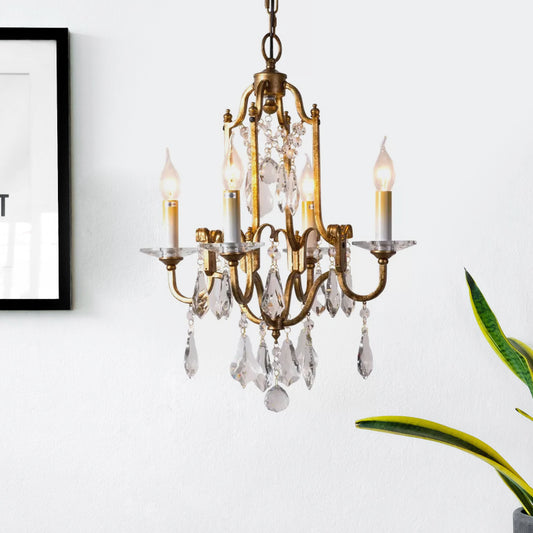 Antiqued Brass 4-Light Hanging Chandelier Rustic Crystal Candlestick Ceiling Pendant Lamp Clearhalo 'Ceiling Lights' 'Chandeliers' Lighting' options 1174362