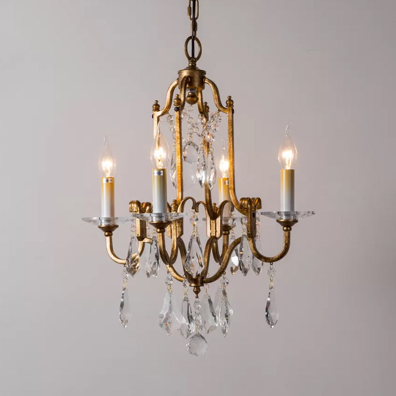 Antiqued Brass 4-Light Hanging Chandelier Rustic Crystal Candlestick Ceiling Pendant Lamp Clearhalo 'Ceiling Lights' 'Chandeliers' Lighting' options 1174364