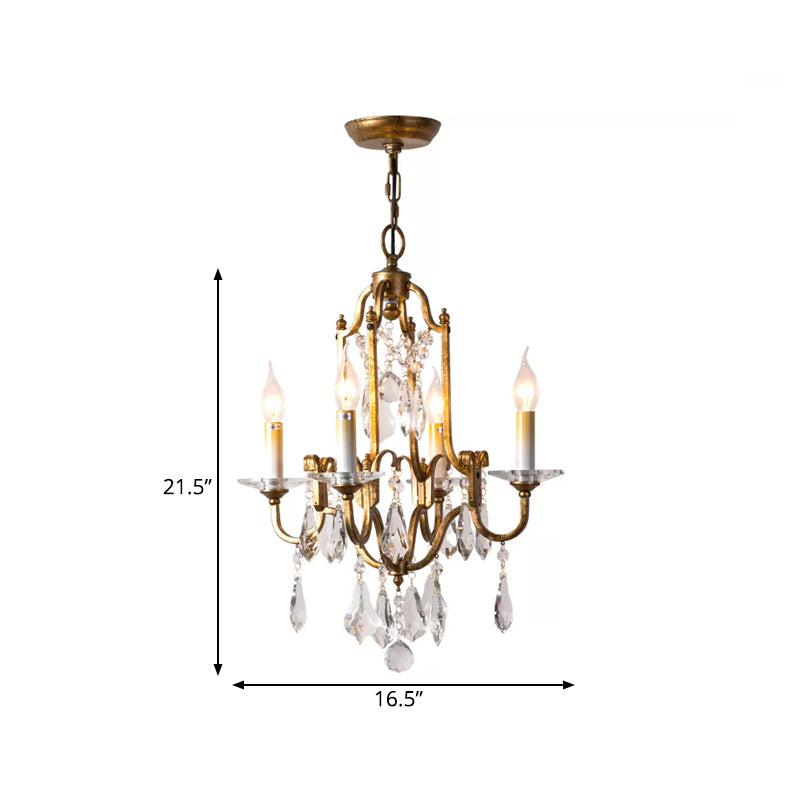 Antiqued Brass 4-Light Hanging Chandelier Rustic Crystal Candlestick Ceiling Pendant Lamp Clearhalo 'Ceiling Lights' 'Chandeliers' Lighting' options 1174365