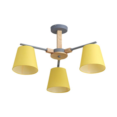 Living Room Tapered Shade Chandelier Lighting Fabric 3/6 Heads Modern Wood Ceiling Pendant Light 3 Yellow Clearhalo 'Carpenter Chandeliers' 'Ceiling Lights' 'Chandeliers' 'Industrial' 'Modern Chandeliers' 'Modern' Lighting' 117537