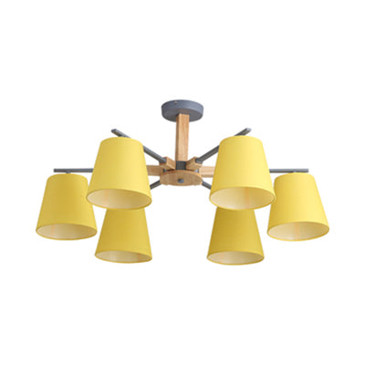 Living Room Tapered Shade Chandelier Lighting Fabric 3/6 Heads Modern Wood Ceiling Pendant Light 6 Yellow Clearhalo 'Carpenter Chandeliers' 'Ceiling Lights' 'Chandeliers' 'Industrial' 'Modern Chandeliers' 'Modern' Lighting' 117538