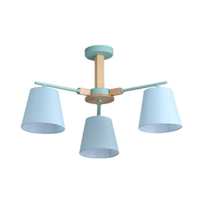 Living Room Tapered Shade Chandelier Lighting Fabric 3/6 Heads Modern Wood Ceiling Pendant Light 3 Blue Clearhalo 'Carpenter Chandeliers' 'Ceiling Lights' 'Chandeliers' 'Industrial' 'Modern Chandeliers' 'Modern' Lighting' 117540