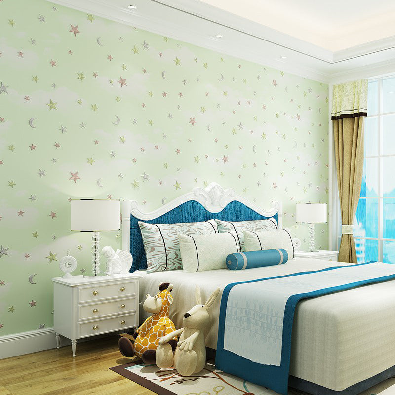 Non-Woven Unpasted Wall Covering Moon and Star Kids Bedroom Wallpaper, 31' L x 20.5" W Light Green Clearhalo 'Wall Decor' 'Wallpaper' 1177951
