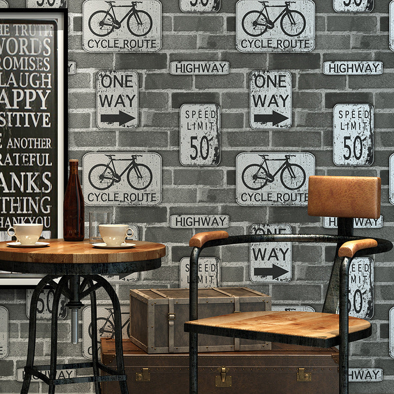 Brown Industrial Wallpaper 57.1-sq ft Traffic Sign and Brick Print Wall Covering for Bar Pewter Clearhalo 'Industrial wall decor' 'Industrial' 'Wallpaper' Wall Decor' 1178011