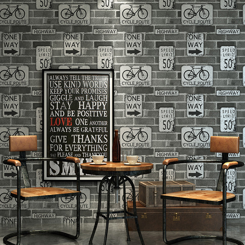 Brown Industrial Wallpaper 57.1-sq ft Traffic Sign and Brick Print Wall Covering for Bar Clearhalo 'Industrial wall decor' 'Industrial' 'Wallpaper' Wall Decor' 1178012