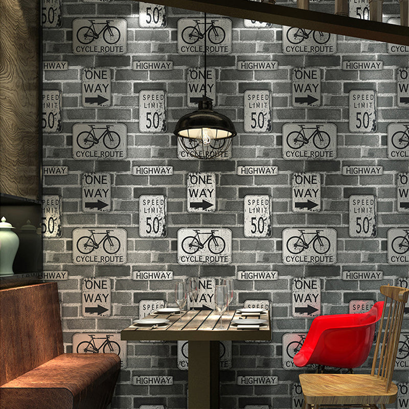Brown Industrial Wallpaper 57.1-sq ft Traffic Sign and Brick Print Wall Covering for Bar Clearhalo 'Industrial wall decor' 'Industrial' 'Wallpaper' Wall Decor' 1178013