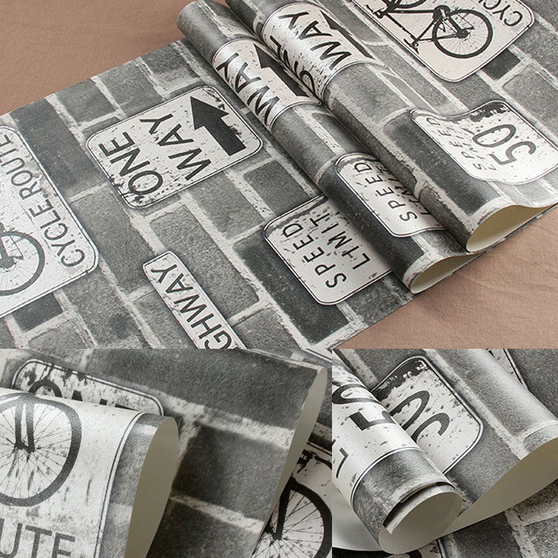 Brown Industrial Wallpaper 57.1-sq ft Traffic Sign and Brick Print Wall Covering for Bar Clearhalo 'Industrial wall decor' 'Industrial' 'Wallpaper' Wall Decor' 1178014