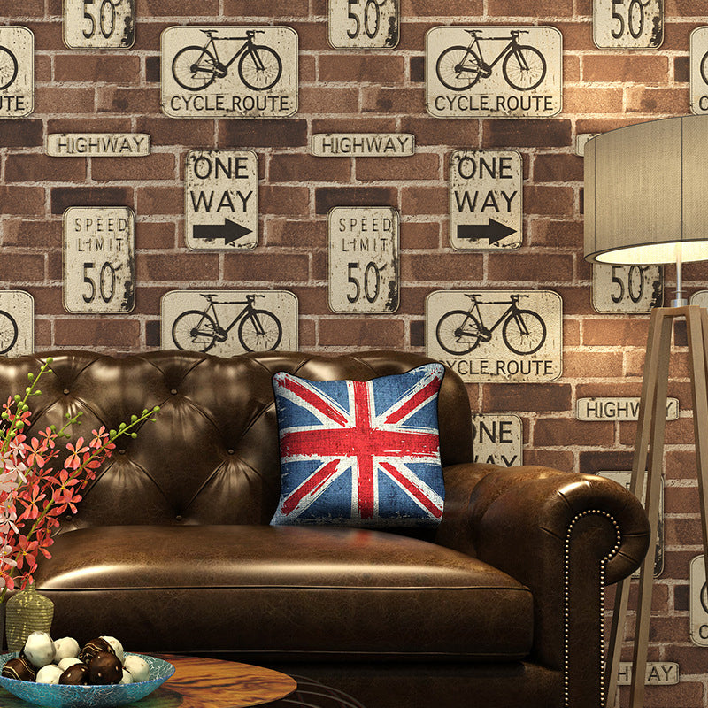 Brown Industrial Wallpaper 57.1-sq ft Traffic Sign and Brick Print Wall Covering for Bar Brown Clearhalo 'Industrial wall decor' 'Industrial' 'Wallpaper' Wall Decor' 1178016