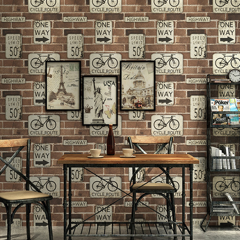 Brown Industrial Wallpaper 57.1-sq ft Traffic Sign and Brick Print Wall Covering for Bar Clearhalo 'Industrial wall decor' 'Industrial' 'Wallpaper' Wall Decor' 1178017