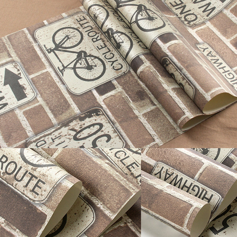 Brown Industrial Wallpaper 57.1-sq ft Traffic Sign and Brick Print Wall Covering for Bar Clearhalo 'Industrial wall decor' 'Industrial' 'Wallpaper' Wall Decor' 1178018