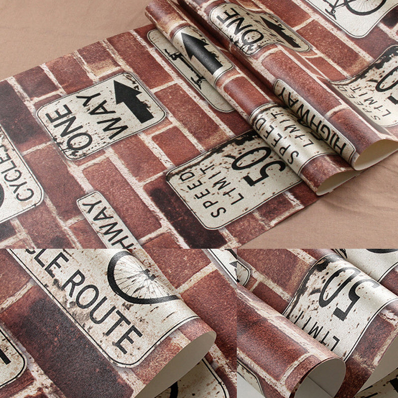 Brown Industrial Wallpaper 57.1-sq ft Traffic Sign and Brick Print Wall Covering for Bar Clearhalo 'Industrial wall decor' 'Industrial' 'Wallpaper' Wall Decor' 1178021