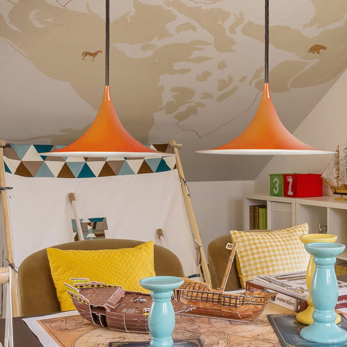 Black/Gray/White Single Head Suspension Light with Trumpet Metal Shade Modern Creative Dining Room Ceiling Pendant Light, 16"/19" Wide Orange Clearhalo 'Art Deco Pendants' 'Black' 'Cast Iron' 'Ceiling Lights' 'Ceramic' 'Crystal' 'Industrial Pendants' 'Industrial' 'Metal' 'Middle Century Pendants' 'Pendant Lights' 'Pendants' 'Rustic Pendants' 'Tiffany' Lighting' 118030