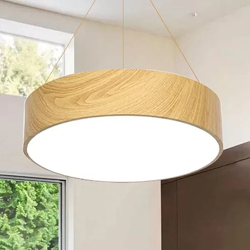 Simplicity Led Suspension Lighting with Drum Wooden Effect Shade Beige Hanging Lamp, 16"/19.5"/23.5" Wide Clearhalo 'Ceiling Lights' 'Modern Pendants' 'Modern' 'Pendant Lights' 'Pendants' Lighting' 118078