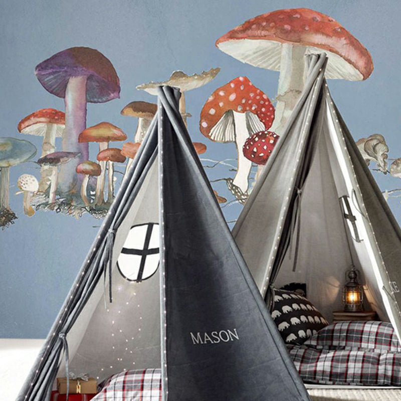 Illustration Mushroom Murals Wallpaper Whole Wall Covering for Childrens Bedroom, Custom Print Blue Clearhalo 'Wall Decor' 'Wall Mural' 1180829