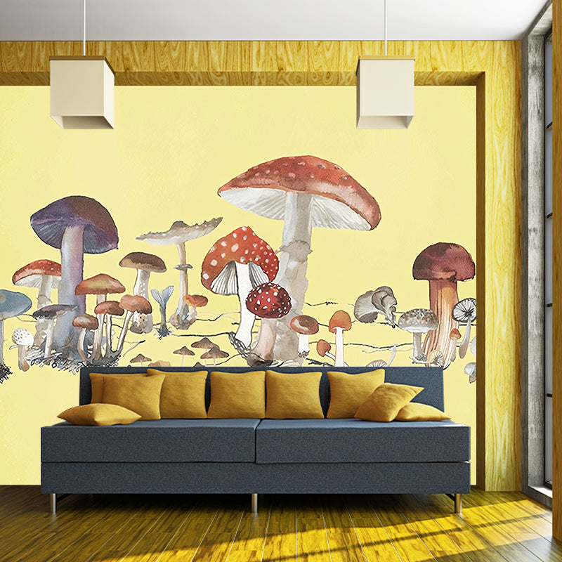 Illustration Mushroom Murals Wallpaper Whole Wall Covering for Childrens Bedroom, Custom Print Light Yellow Clearhalo 'Wall Decor' 'Wall Mural' 1180834
