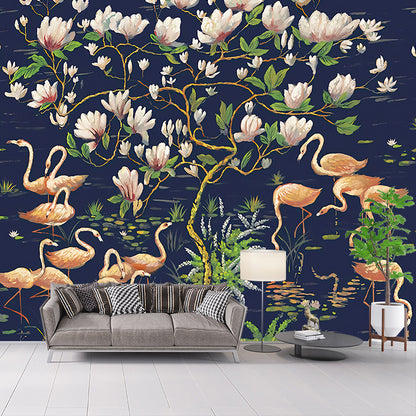 Large Tropix Wall Murals in Dark Color Flamingo and Lotus Pond Pattern Wall Covering, Optional Size Blue Clearhalo 'Wall Decor' 'Wall Mural' 1180892