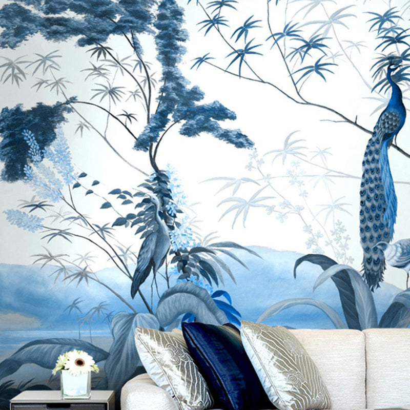 Illustration Peacock Wall Paper Murals for Bedroom, Pastel Color, Personalized Size Blue-White Clearhalo 'Wall Decor' 'Wall Mural' 1180922
