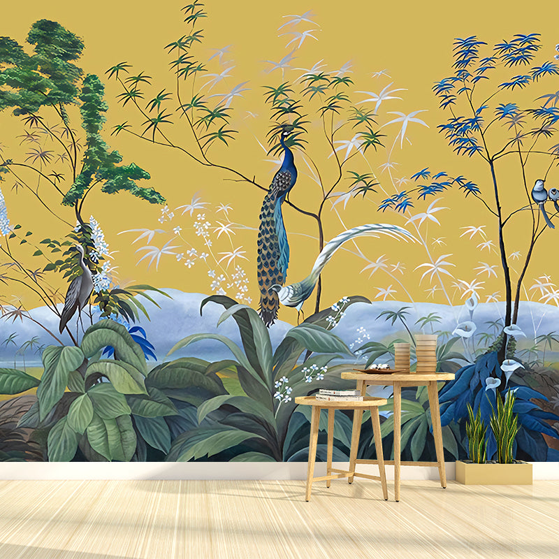 Illustration Peacock Wall Paper Murals for Bedroom, Pastel Color, Personalized Size Yellow Clearhalo 'Wall Decor' 'Wall Mural' 1180927