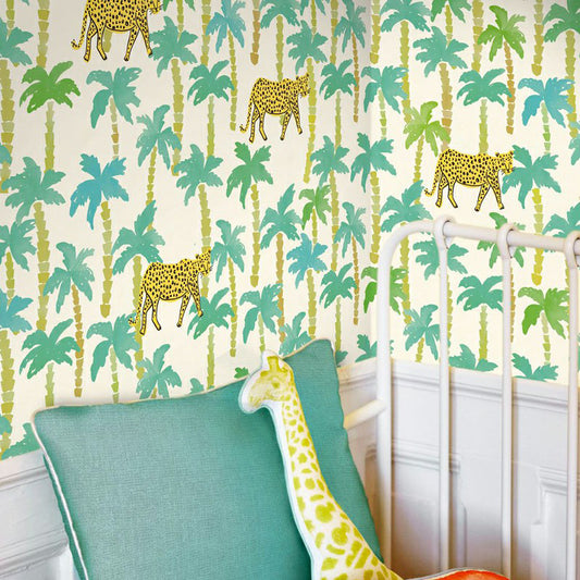 Yellow-Blue Tropical Mural Wallpaper Large Jungle Leopard Printed Wall Decor for Home Clearhalo 'Wall Decor' 'Wall Mural' 1180939