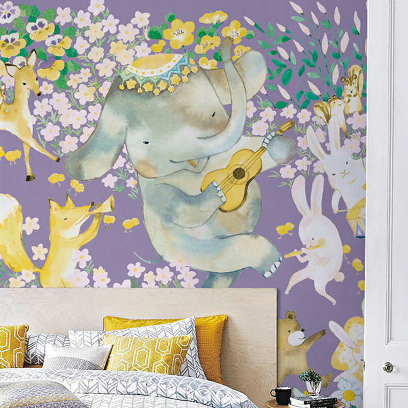 Cartoon Animal Orchestra Wall Murals Childrens Art Smooth Wall Decoration in Purple Purple Clearhalo 'Wall Decor' 'Wall Mural' 1180942
