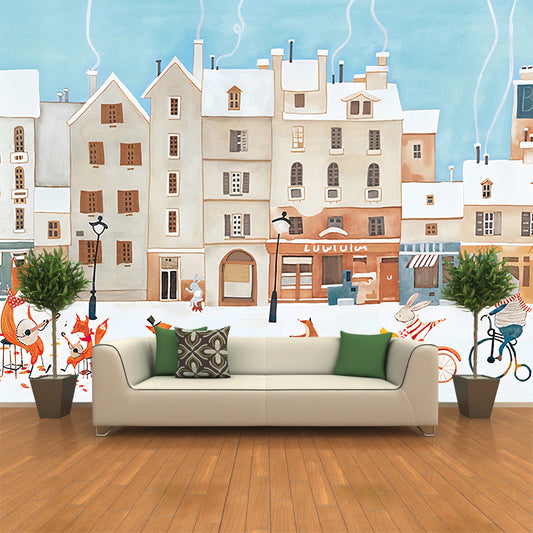 Sky Blue Childrens Art Murals Whole Animal Concert Print Wall Covering for Kids Room Clearhalo 'Wall Decor' 'Wall Mural' 1180963