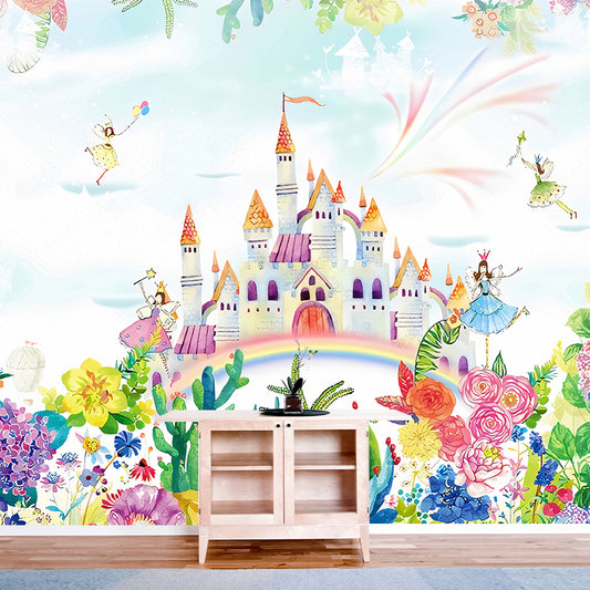 Illustration Cartoon Castle Murals Wallpaper Full Size Wall Decor for Nursery, Custom-Print Clearhalo 'Wall Decor' 'Wall Mural' 1180983