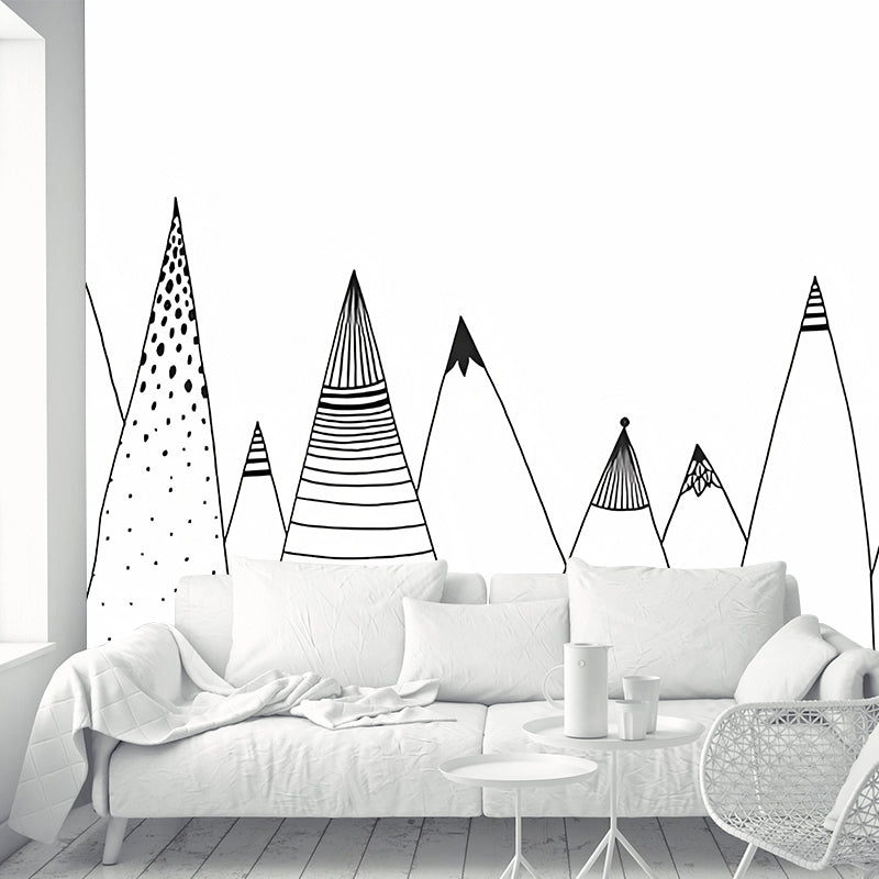 Cartoon Hills Wall Paper Murals Childrens Art Non-Woven Wall Decor in Black-White Clearhalo 'Wall Decor' 'Wall Mural' 1180994