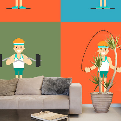 Cartoon Workout Wallpaper Murals Red-Blue-Green Childrens Bedroom Wall Covering, Custom Print Red-Blue-Green Clearhalo 'Wall Decor' 'Wall Mural' 1183774