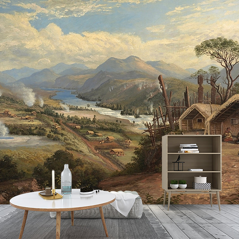 Brown Huts Wall Covering Murals Stain Resistant Wall Decoration for Living Room, Personalized Size Clearhalo 'Wall Decor' 'Wall Mural' 1184105