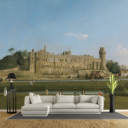 Canaletto Warwick Castle Painting Murals for Bedroom Full Size Wall Decor in Blue-Green Blue-Green Clearhalo 'Wall Decor' 'Wall Mural' 1184114