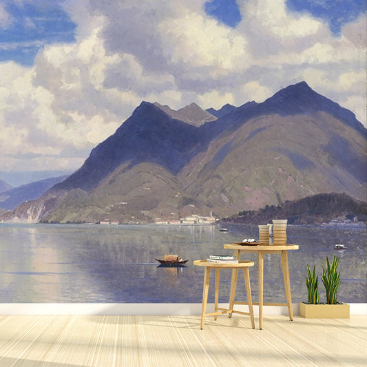 Blue-White Contemporary Mural Full Size River and Mountain Pattern Wall Decor for Hallway Clearhalo 'Wall Decor' 'Wall Mural' 1184121