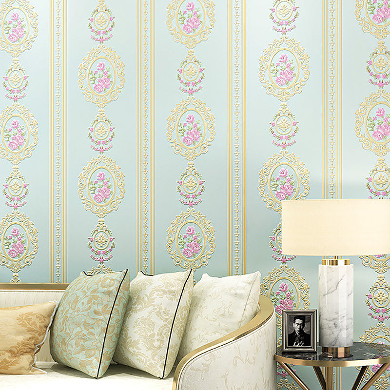 Unpasted Wallpaper Roll Rustic Non-Woven Wall Decor with Stripe and Peony Pattern, 57.1-sq ft Turquoise Clearhalo 'Country wall decor' 'Rustic' 'Wallpaper' Wall Decor' 1184453