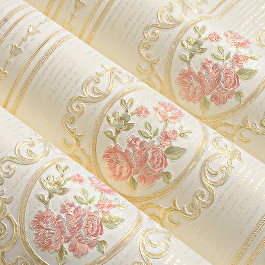 Unpasted Wallpaper Roll Rustic Non-Woven Wall Decor with Stripe and Peony Pattern, 57.1-sq ft Clearhalo 'Country wall decor' 'Rustic' 'Wallpaper' Wall Decor' 1184459