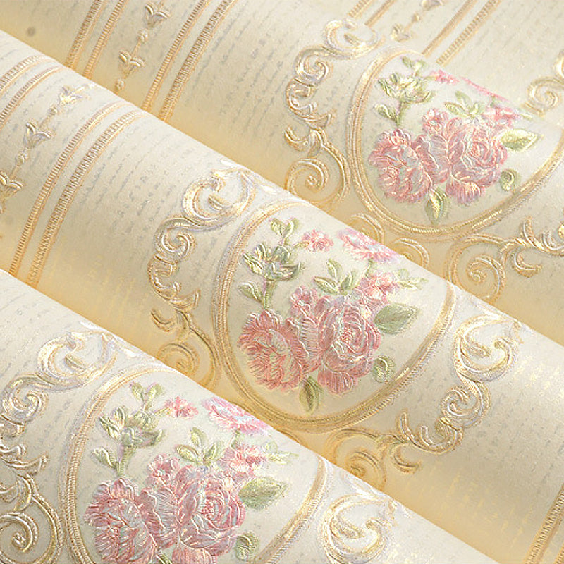 Unpasted Wallpaper Roll Rustic Non-Woven Wall Decor with Stripe and Peony Pattern, 57.1-sq ft Clearhalo 'Country wall decor' 'Rustic' 'Wallpaper' Wall Decor' 1184463