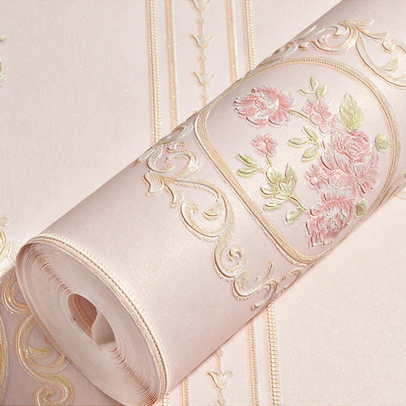 Unpasted Wallpaper Roll Rustic Non-Woven Wall Decor with Stripe and Peony Pattern, 57.1-sq ft Light Pink Clearhalo 'Country wall decor' 'Rustic' 'Wallpaper' Wall Decor' 1184465
