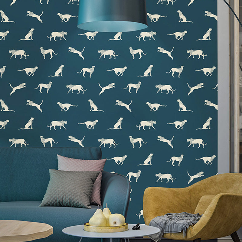 Scandinavian Animal Leopard Wallpaper Bright Color Non-Pasted Wall Decor for Home Blue Clearhalo 'Modern wall decor' 'Modern' 'Wallpaper' Wall Decor' 1184507