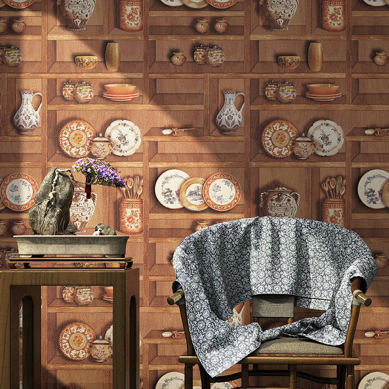 Chinaware and Wood Shelf Wallpaper Steampunk Unpasted Restaurant Wall Decor, 33' x 20.5" Yellow-Brown Clearhalo 'Industrial wall decor' 'Industrial' 'Wallpaper' Wall Decor' 1184571